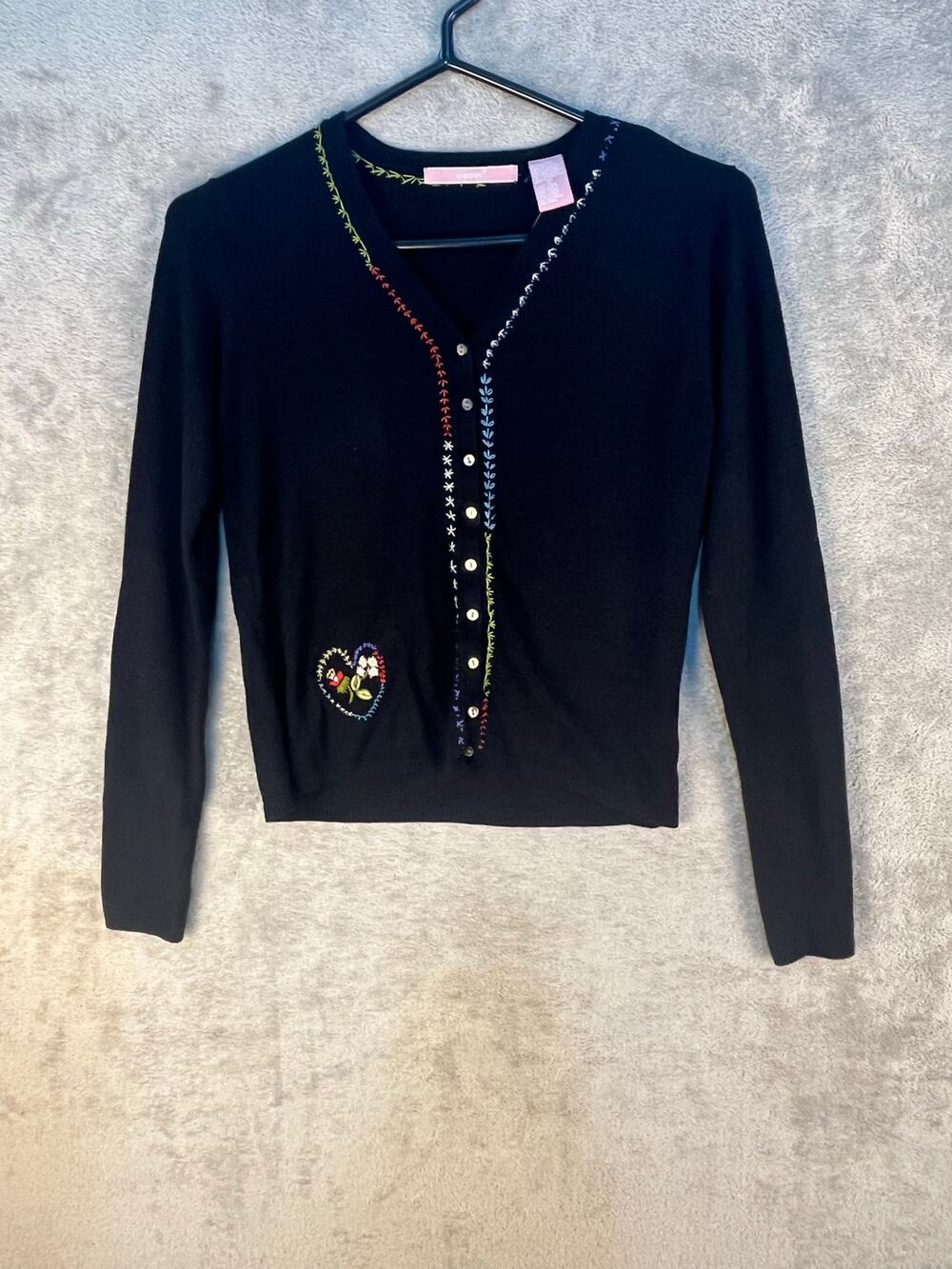 Easel Cardigan Sweater Black Embroidered Floral Heart Dainty Preppy Valentines